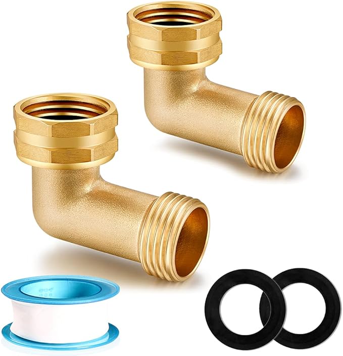 Garden Hose Elbow Connector 90 Degree Solid Brass Pipe Fittings Hose Elbow -Eliminates Stress and Strain On RV Water Intake Hose Adapter 3/4" FHT x 3/4" MHT (2 SETS)