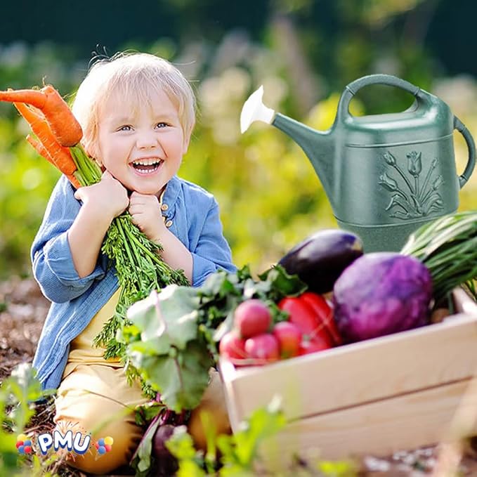 PMU 2 Gallon Watering Can - Garden Watering Can for Indoor & Outdoor Plants - Plastic Water Can with Detachable Sprinkler Head - Large Water Pot, Made in USA - Hunter Green Pkg/3