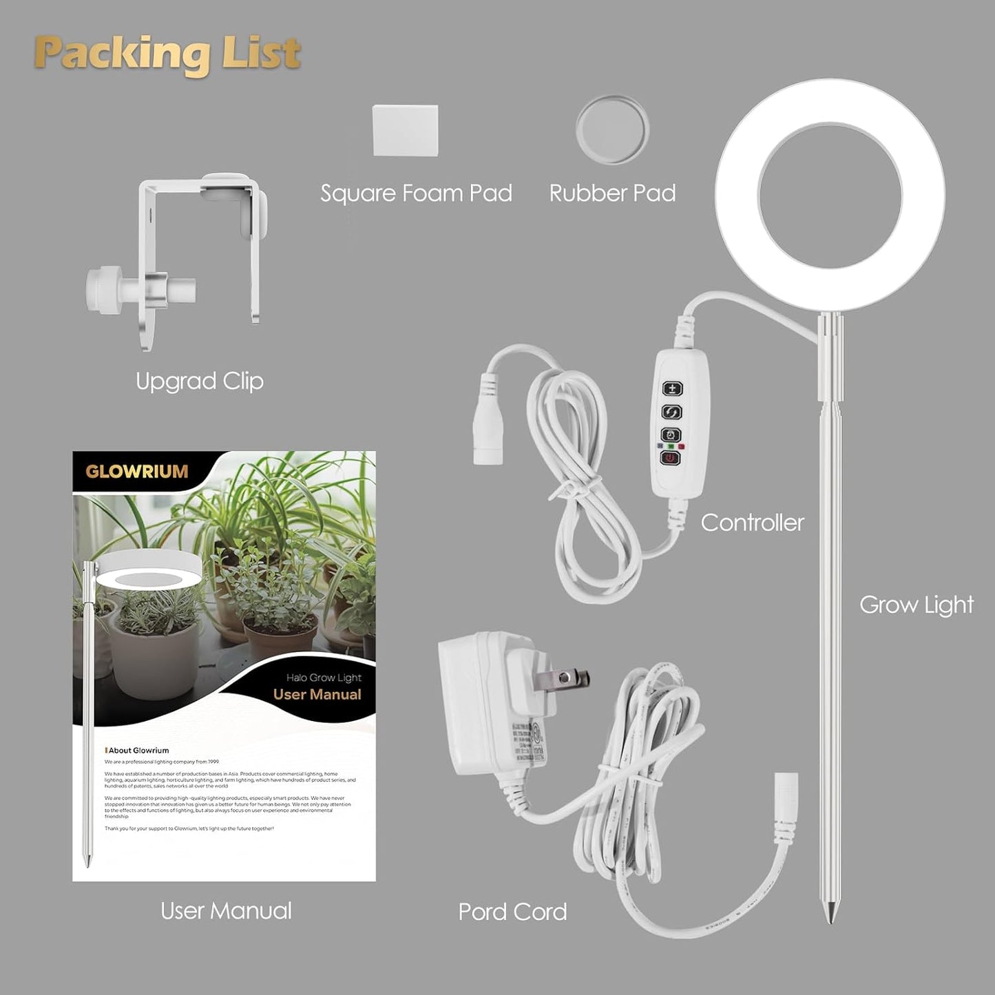 GLOWRIUM Grow Lights for Indoor Plants, Full Spectrum Plant Lights with Clip, Height Adjustable&3 Spectrum Mode, 3/9/12h Automatic Timer, 10 Dimmable Brightness, Mini Halo Grow Lights for Small Plant