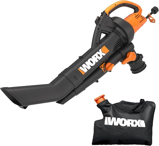 WORX WG505 Trivac 12 Amp 3-in-1 Electric Leaf Blower/Leaf Vacuum/Mulcher, Metal Impeller for Fine Mulching