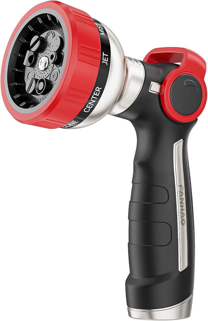 FANHAO Heavy Duty Garden Hose Nozzle, 100% Metal Water Hose Sprayer with 9 Spray Patterns, Thumb Control, On Off Valve, High Pressure Water Nozzle for Lawn/Garden Watering, Car & Pets Washing