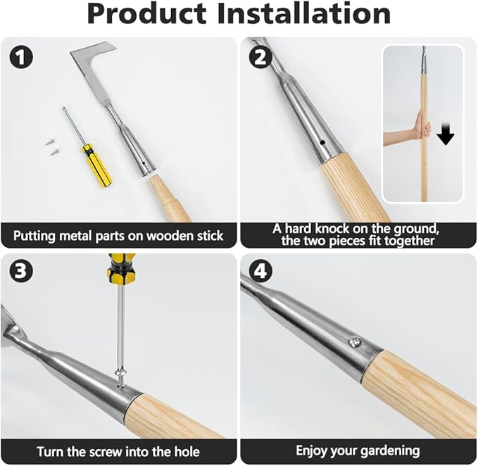 Berry&Bird 63'' Long Handle Crevice Weeding Tool, Stainless Steel Crack Weeder Crevice Weeding Sickle Tool, L-Shaped Manual Weeder Puller for Garden, Lawn, Yard, Side-Walk, Narrow & Wall Gaps