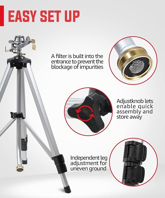 YAMATIC Impact Sprinkler on Tripod Base, 50-inch Heavy Duty Metal Sprinkler for Yard, 360 Degree Rotating Zinc Head for Large Area, 3/4" Brass Connector, Extension Legs Flip Locks, Spray up to 20-90ft