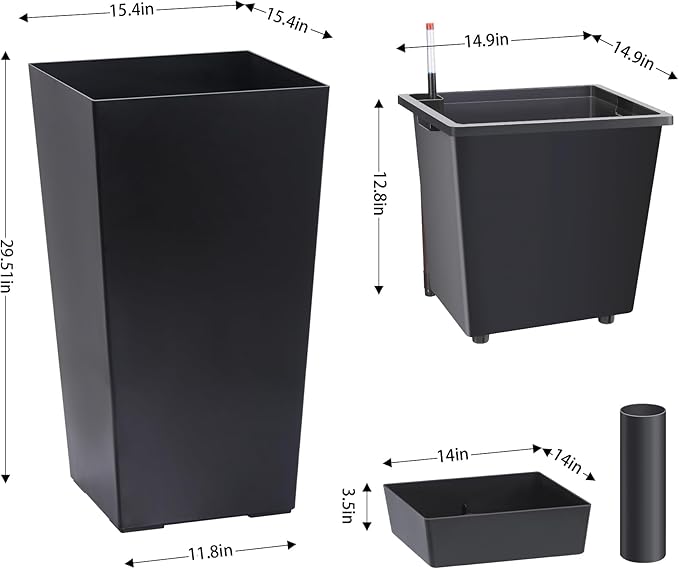 GarveeLife 30 in Tall Planters Set of 2, Outdoor&Indoor Black Planter Pots, High Front Porch Planter Pots With Drainage Holes&Water Level Monitor Movable Wheels &Inner Bucket, Automatic Watering,Black