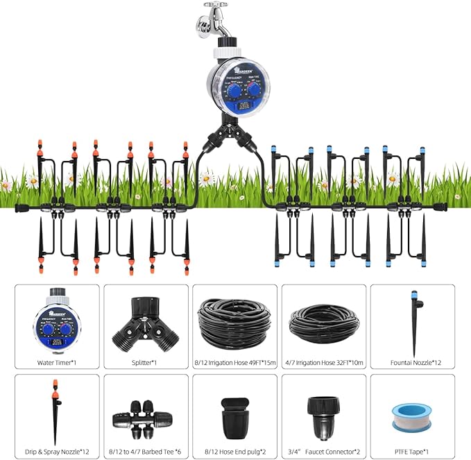 Micro Drip Irrigation Kit Automatic Garden Watering Misting System with 8/12 inch 4/7 inch Irrigation Tubing Hose and Water Timer for Greenhouse, Yard, Lawn