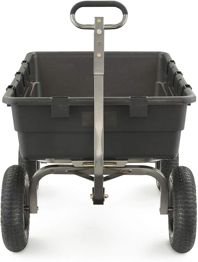 Gorilla Carts Heavy-Duty Poly Yard Dump Cart, 10 Cu Ft Tub, 1500 lb Haul Capacity, Black – Towable Utility Wagon with Quick-Release Dumping & Pneumatic Tires for Landscaping and Gardening