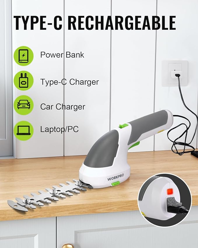 WORKPRO Cordless Grass Shear & Shrubbery Trimmer - 2 in 1 Handheld Hedge Trimmer 7.2V Electric Grass Trimmer Hedge Shears/Grass Cutter Rechargeable Lithium-Ion Battery and Type-C Cable Included