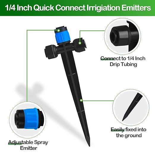 Push-to-Fit Drip Irrigation Vortex Emitters for 1/4" Drip Irrigation Tubing, 20 Pcs Adjustable 360 Degree Water Flow Fan Shape Drippers with Stake in-Line Drip System Emitter