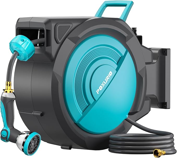 5/8" 75FT Retractable Garden Hose Reel, Wall Mounted Automatic Hose Reel with Upgraded 10 Pattern Nozzle/Any Length Lock/Slow Return System/180°Swivel Bracket, AquaBlue
