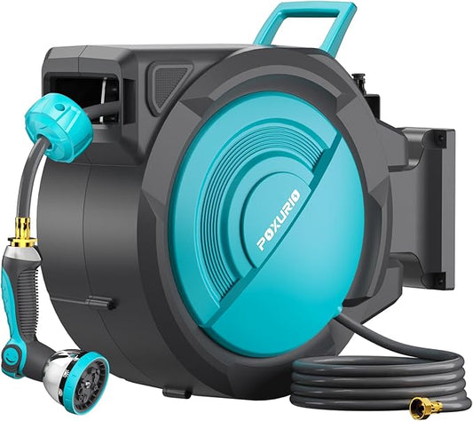5/8" 75FT Retractable Garden Hose Reel, Wall Mounted Automatic Hose Reel with Upgraded 10 Pattern Nozzle/Any Length Lock/Slow Return System/180°Swivel Bracket, AquaBlue
