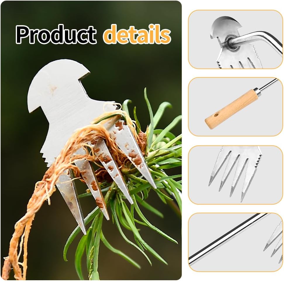 Hand Weeder Tool, Stainless Steel 2 Pcs Weeder Tool for Garden and Farm,Weeding Tool for Gardening,Garden Weeder, Weed Pulling Tool, Weed Puller Tool(Wooden Handle)…