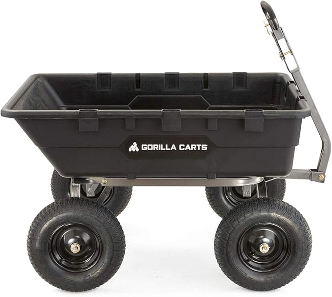 Gorilla Carts Heavy-Duty Poly Yard Dump Cart, 10 Cu Ft Tub, 1500 lb Haul Capacity, Black – Towable Utility Wagon with Quick-Release Dumping & Pneumatic Tires for Landscaping and Gardening
