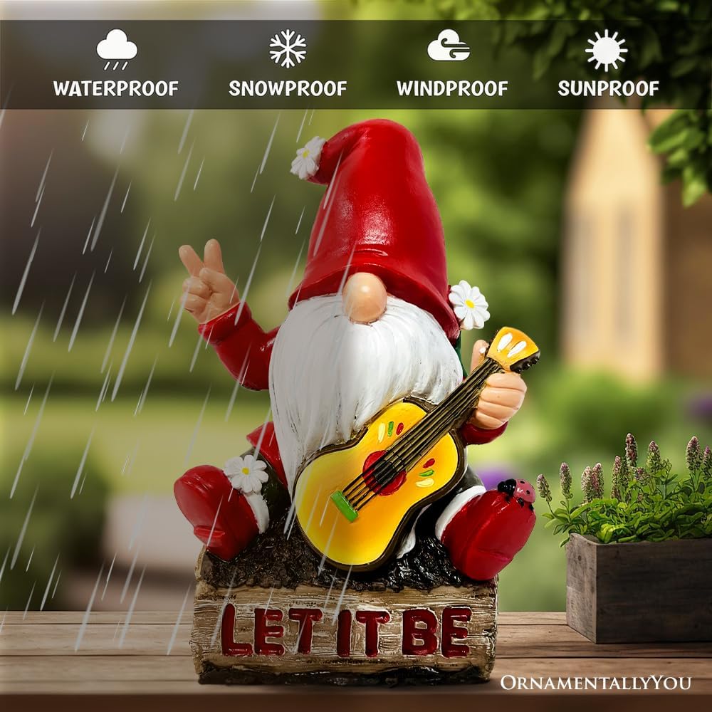 OrnamentallyYou Hippy Gnome with Guitar Garden Statue, Unique Flowers and Peace Sign