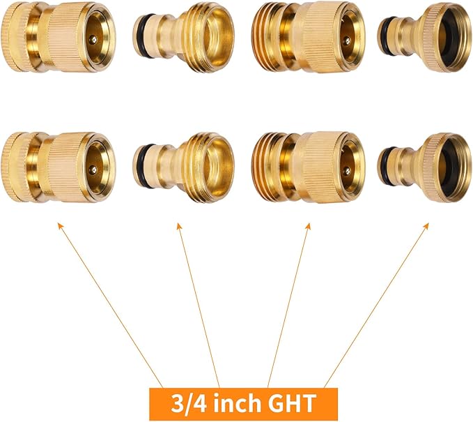 Garden Hose Quick Connect Solid Brass Garden Hose Connector Water Hose Connectors Easy Connect Fittings Standard 3/4 inch GHT, 4 Complete Sets female & Male, Free Washers & Gaskets