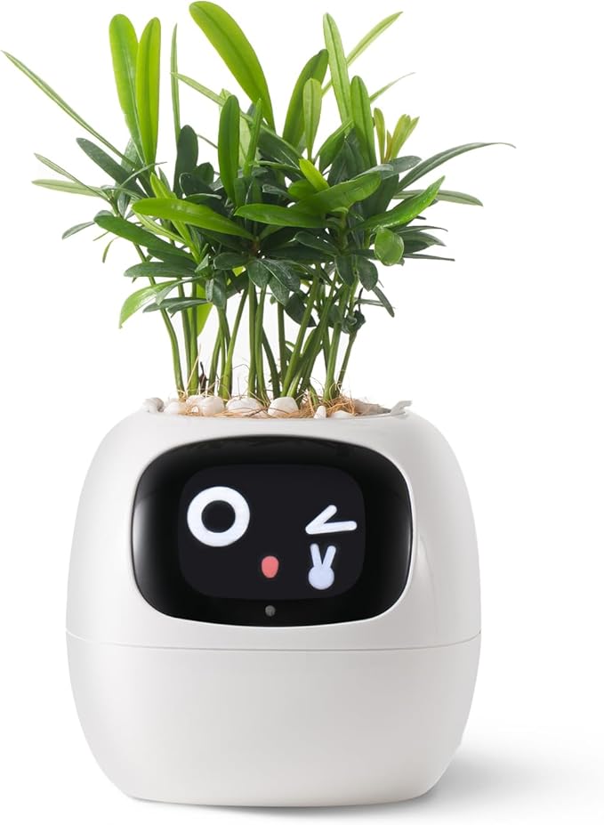 Smart pet Planter Robot Guidance on Plant Care with Emojis, Adorable Plant Companion with Rich Gesture Interaction, Neat Desk Setup Gift (White)