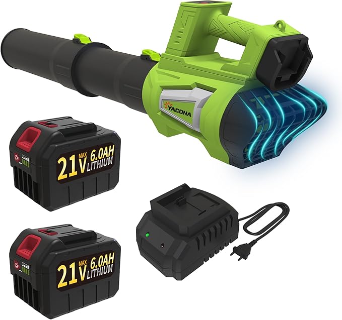 Leaf Blower Cordless Brushless with 6Ah Battery*2 and Charger, Strap, 21V Quiet 6-Speed Electric Leaf Blower with Display for Lawn Care, Leaves & Snow(Green)