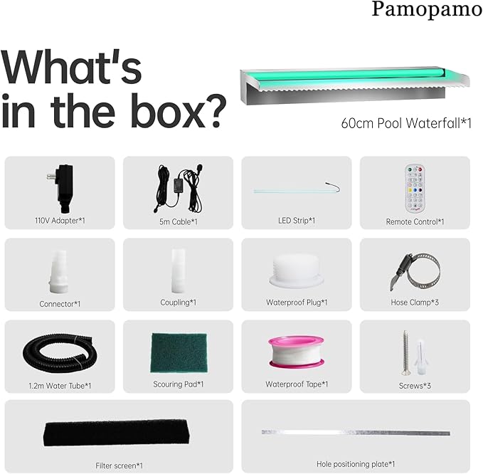 Pond Waterfall Spillway Stainless Steel Pool Fountain, APP Control LED Lighted Waterfalls Kit, Outdoor Water Flow Waterfalls Kit for Garden Patio Koi Pond Decoration-23.6"x7.8"x3.9"