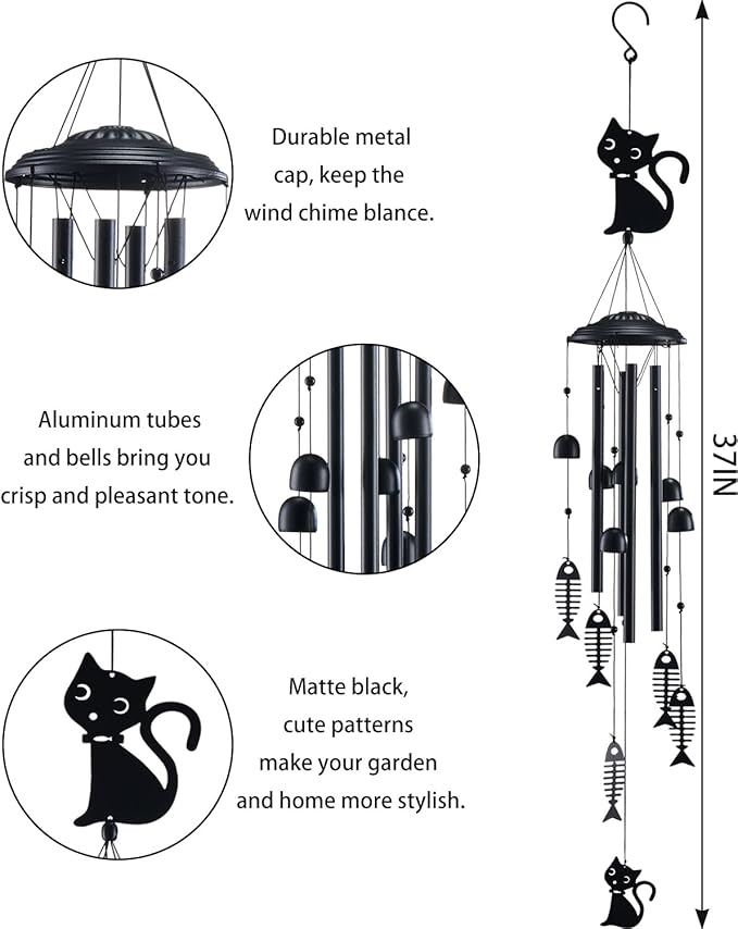 Cat Wind Chimes for Outside, Metal Windchimes Outdoors Clearance with 4 Aluminum Tubes, Garden Patio Yard Home Decor, Cat Gifts for Pet Lovers Women Men Mom Grandma, Unique Festival Birthday Gift