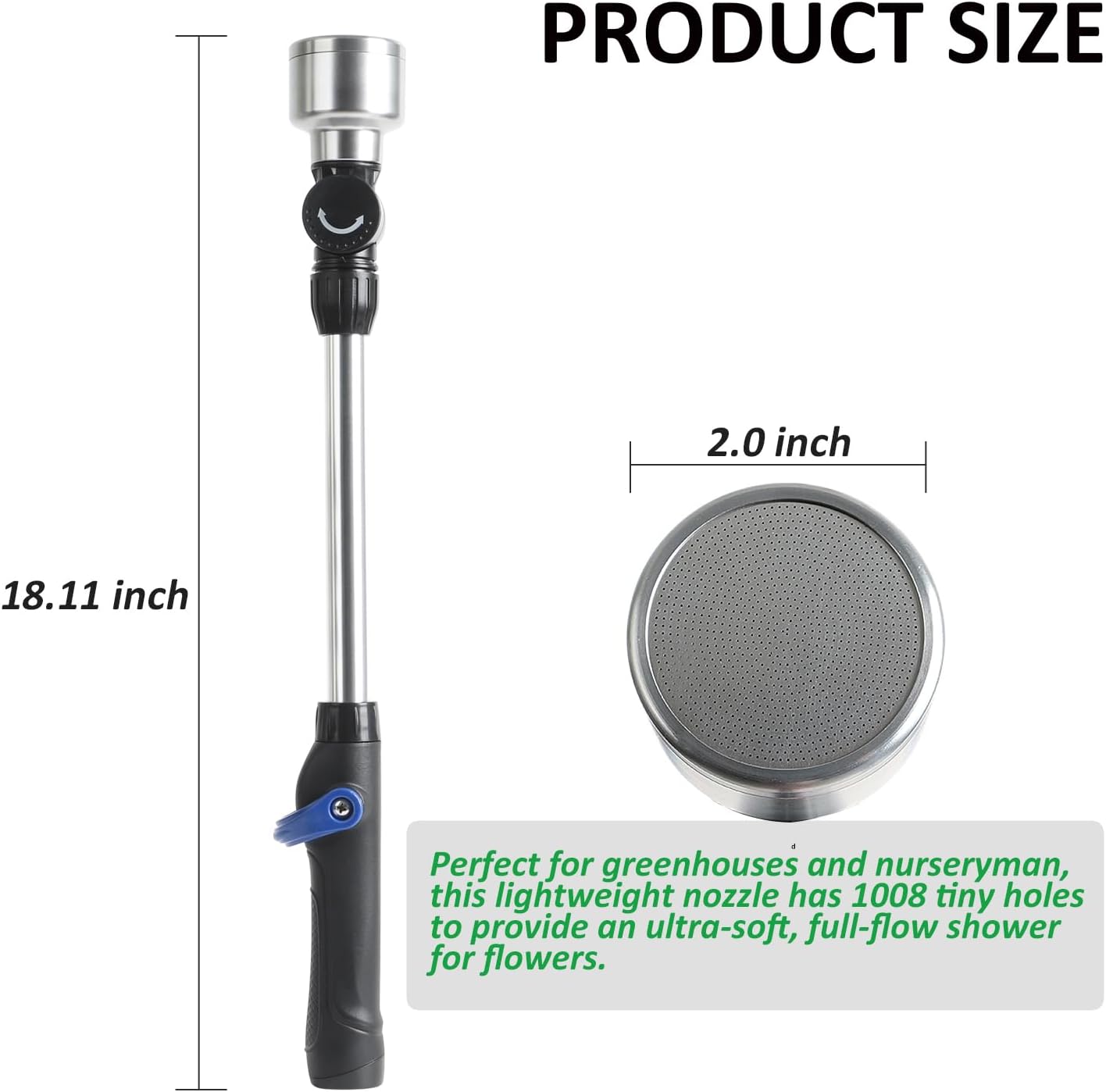 STYDDI Soft Rain Watering Wand with Pivoting Head and Thumb Control, 18" Gentle Classic Rain Wand with 1008Holes Stainless Head, Perfect for Hanging Baskets, Planters, Greenhouses and Seedbed