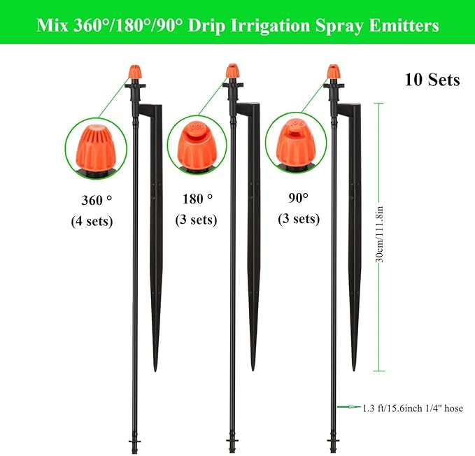 Drip Irrigation Spray Emitters with Stakes: 10 Sets Mixed 360/180/90 Degrees Drip Irrigation Sprayers for 1/4 inch Tubing Garden Irrigation System
