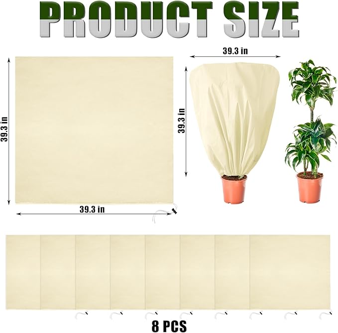 8 Pcs Plant Covers Frost Protection Bag 39.3" x 39.3" Winter Reusable Plants Jacket with Drawstring Shrub Protection Wraps Bags Frost Blanket for Winter Outdoor Garden Plants