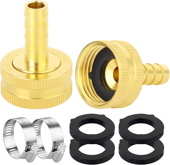 2Pcs 3/8 Barb to 3/4 GHT Female Thread Brass Garden Hose Pipe Connector, Hose Swivel Adapter for Garden Hose Repair