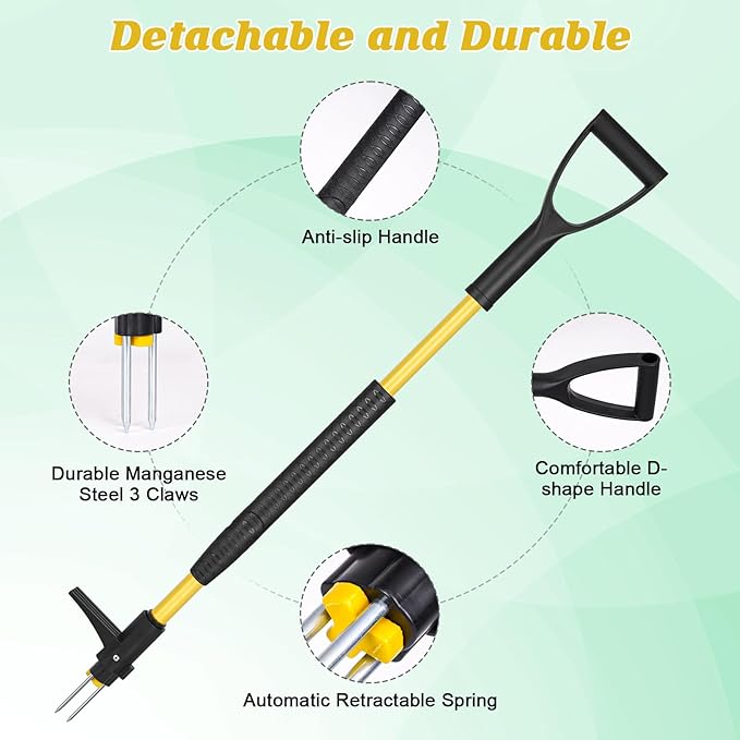 39" Stand Up Weed Puller Tool - Heavy Duty Detachable 3-Claw Weeder with Ergonomic Long D-Handle | Tools for Effortless Garden Weed Removal (Dandelions, Thistles & More)