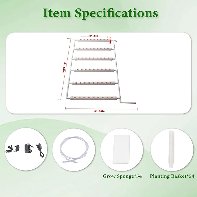 Wall-Mounted Hydroponic Grow Kit, 1 Layers 54 Plant Sites 6 Food-Grade PVC-U Pipes Hydroponics Planting System with Water Pump, Pump Timer, Nest Basket and Sponge for Leafy Vegetable