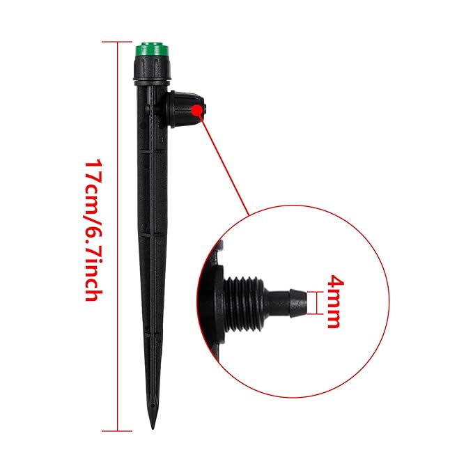 50pcs Drip Irrigation Emitters Sprayer for 1/4" Drip Irrigation Tubing Adjustable 360 Degree Water Flow Drippers on 6.5" Sturdy Stake with Lock Barbed Irrigation Drippers for Watering System