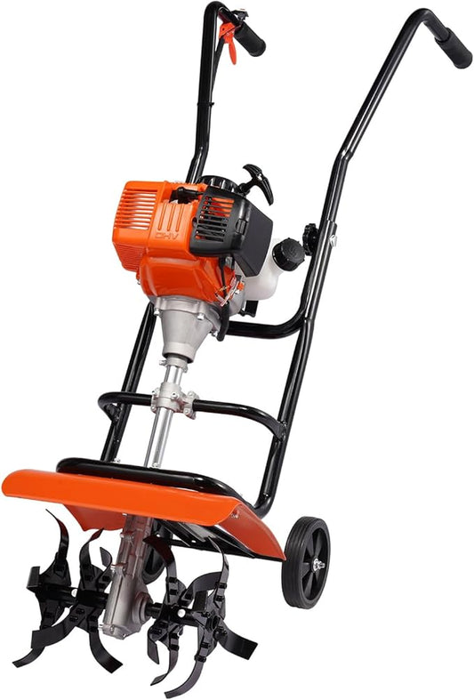VEVOR Tiller Cultivator, 31CC 4-Stroke Garden Cultivator, Tiller with 4 Steel Adjustable Front Tines for Lawn, Garden and Field Soil Cultivation, Orange