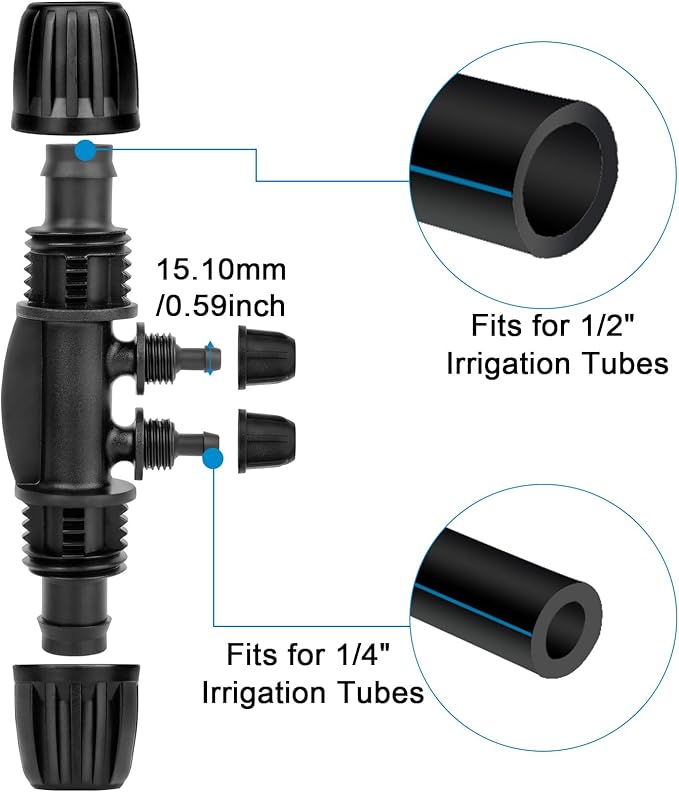 1/2 to 1/4 Drip Irrigation Fittings,4-Ways Barbed Tee 1/2 inch Drip Irrigation Tubing (1/2" ID x0.6-0.63" OD) 16mm to 1/4 inch Irrigation Tube Fitting Anti-Drop Barbed Connectors,12Pcs