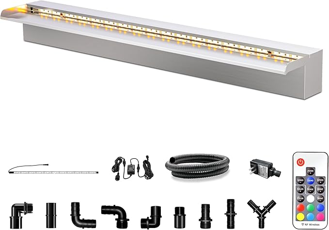 LONGRUN Waterfall Pool Fountain, Updated 5.9'' Wider Open Lip Stainless Steel Waterfall Spillway, Decorative Water Feature for Swimming Pools, Koi Ponds, Spa & Garden - 23.6''