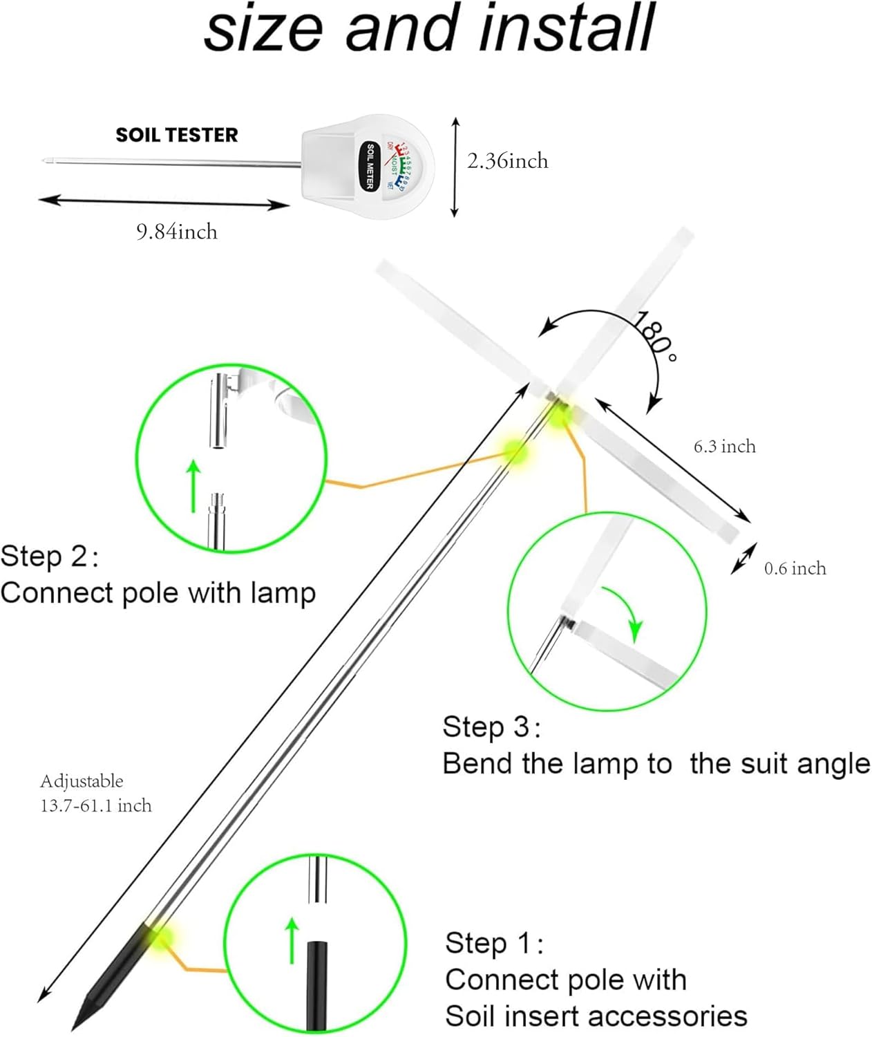 Yadoker LED Growing Light, Full Spectrum for Indoor Plants, Paired with a Soil Tester,Height Adjustable, Automatic Timer, Low Safe Voltage, Ideal for Large Plants