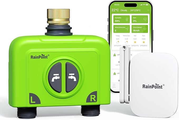 RAINPOINT WiFi Water Timer for Garden Hose, Brass Inlet 2 Zone WiFi Sprinkler Controller, Smart Hose Timer Valve with Antenna Gateway, Automatic Drip Irrigation System/Rain Delay for Garden/Lawn/Yard