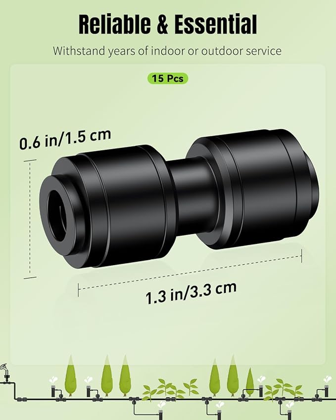 Pawfly 15 Pcs Quick Connect 1/4" Drip Irrigation Coupling Connectors for 1/4 Inch Irrigation Tubing, Anti-Leak Drip Irrigation Parts, Push-to-Fit 2-Way Coupling Fittings, Universal Straight Fittings