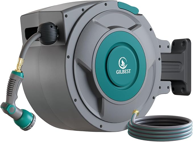 100 ft x 5/8" Retractable Garden Hose Reel, Heavy Duty Water Hose Reel Wall Mounted, Any Length Lock, 180°Swivel, Water Hose with 10-Function Nozzle for Cleaning, Watering (Green)