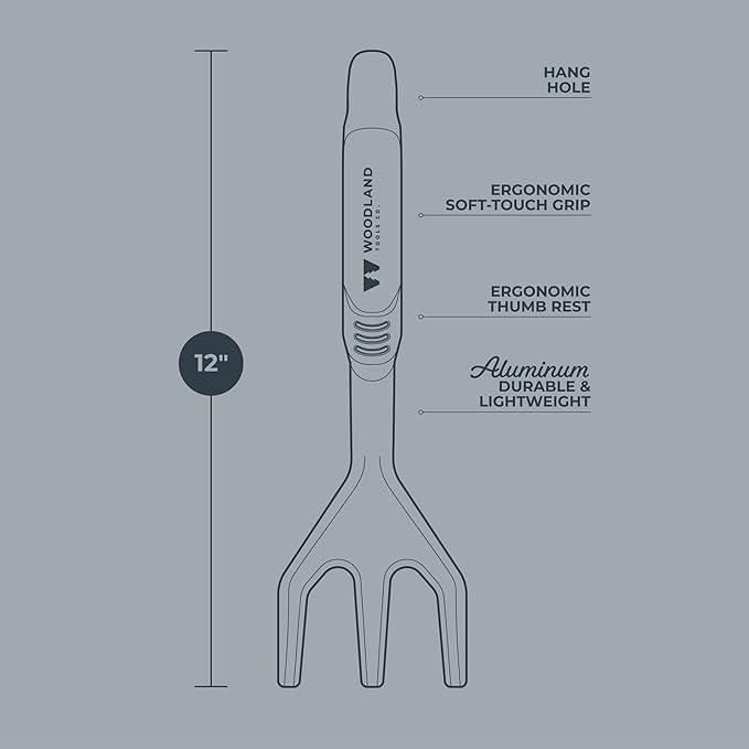 Woodland Tools Heavy Duty Hand Cultivator, 3-Prong Garden Claw Tiller Tool with Anodized Aluminum Head and Soft Ergonomic Grip, Manual Soil Cultivator for Weeding, Digging, and Breaking Up Dirt