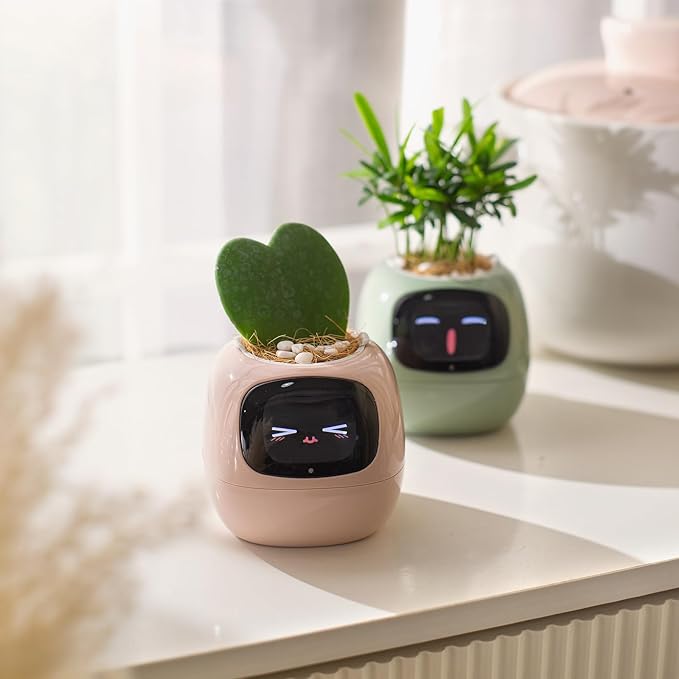 Smart pet Planter Robot Guidance on Plant Care with Emojis, Adorable Plant Companion with Rich Gesture Interaction, Neat Desk Setup Gift (Pink)