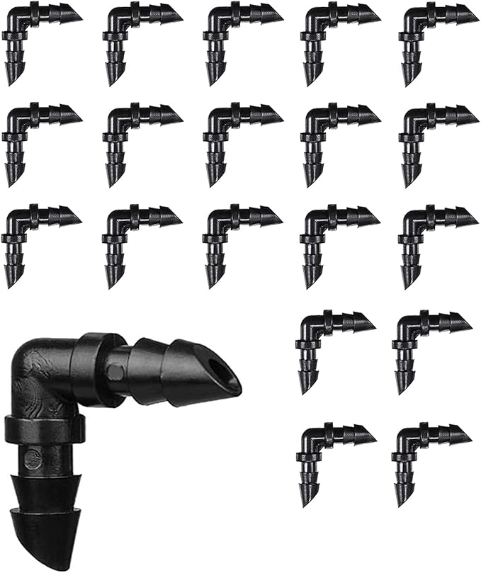 BEADNOVA Drip Irrigation Parts 20 Pcs 1/4 Inch Barbed Elbow Couplings Fittings Drip Line Connectors for 1/4 Inch Irrigation Tubing Garden Watering System (20pcs)