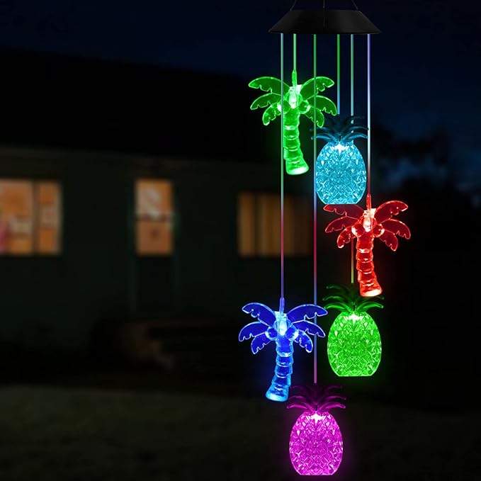 Solawindchime Palm Tree Pineapple Wind Chime, Color Changing Pineapple Palm Trees Wind Chimes Outdoor, Home, Yard, Balcony, Night Garden Decoration, Gifts for Women