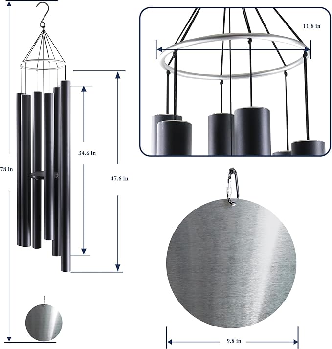 ASTARIN 78 Inch Wind Chimes for Outside with 6 Tubes Tuned Relaxing Melody, Extra Large Wind Chimes Outdoor Deep Tone for Patio, Backyard, Garden, and Outdoor Decor,Black