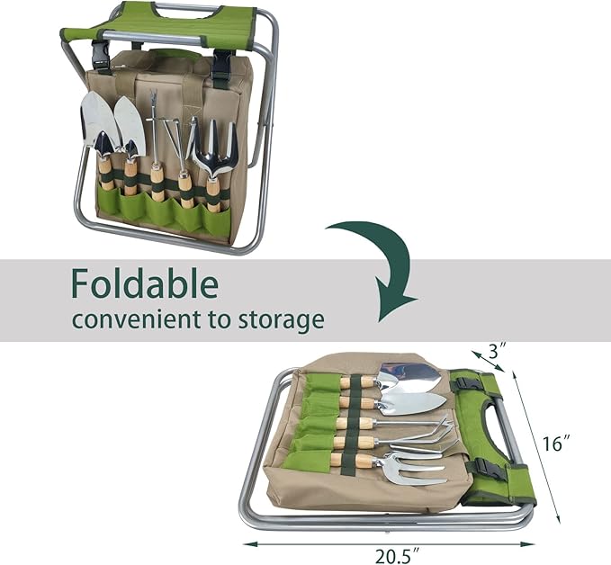 Garden Folding Gardener Stool with Gardening Tools Insulation Garden Bags Plus 5 Garden Tools and Gardening Kneeler Ideal Gift for Mother's Day/Father's Day (Green)