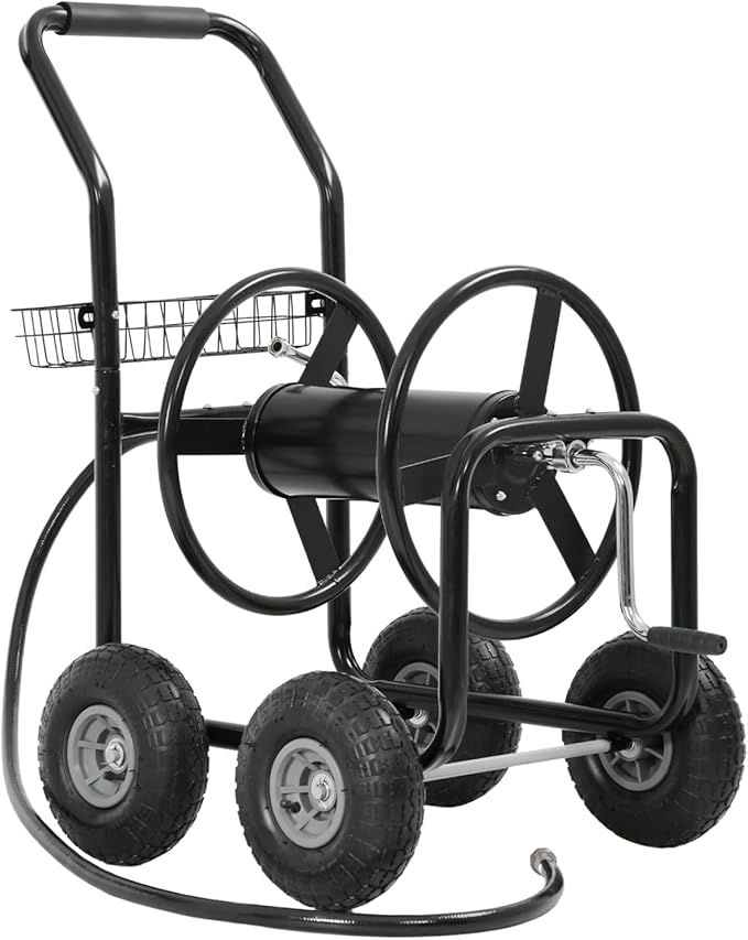 Garden Water Hose Reel Cart Tools with Wheels Garden Lawn Water Truck Water Planting Cart Heavy Duty Outdoor Yard Water Planting Holds 300-Feet of 5/8-Inch Hose with Storage Basket (Black)