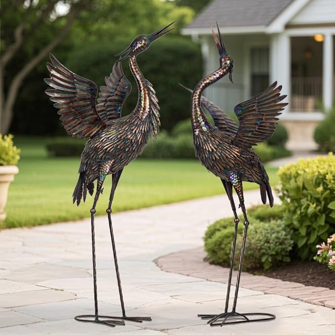 Natelf Garden Crane Statues, Outdoor Large Bird Yard Art Decorations Metal Lawn Ornament for Home Patio Porch Backyard Decorations(Set of 2)