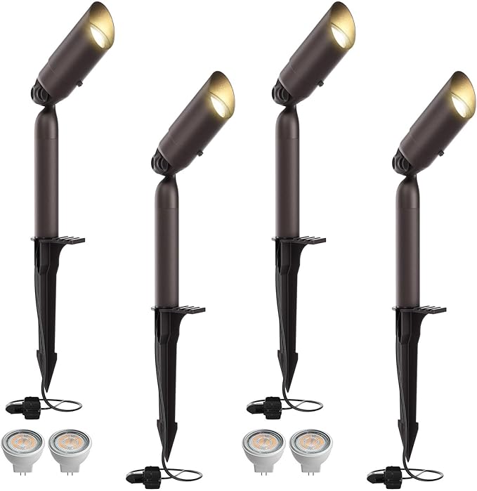 Outdoor Low Voltage Landscape Lighting - 12V Cast Aluminum Spot Lights with 5W 3000K Warm White LED Bulb Waterproof Spotlights Uplights with Wired Connectors for Yard Pathway Garden Tree Wall , 4 Pack