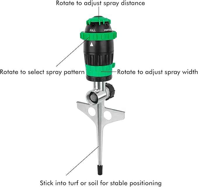 RESTMO Gear Drive Sprinkler with Metal Spike Base, 5-Pattern Heavy Duty Gardening Watering System, Multi-Adjustable Lawn Sprinkle for Garden Plant, Flower Bed and Large Yard Area Watering, Green