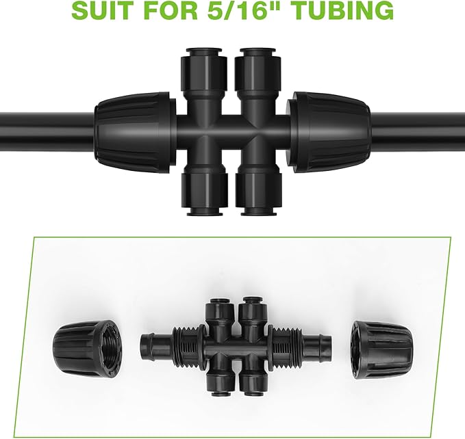 Bonviee 10 Pack 5/16” to 1/4” Push-to-Connect Tee, Split 5/16” Tubing into Four 1/4” Lines, Quick Connect Drip Irrigation Fittings, Leak-Proof 6-Way Splitter for Garden, Lawn, Greenhouse