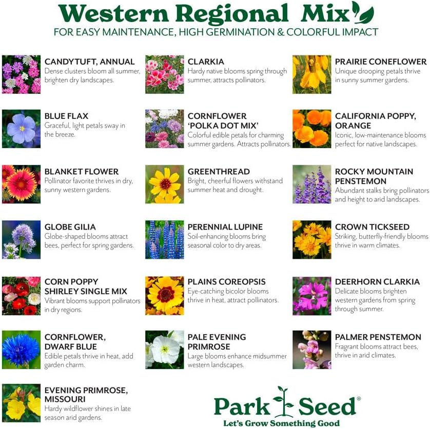 Park Seed Grow Your Own Vibrant Annual and Perennial Wildflower Garden Seeds Mixture, Easy to Grow Varieties for Pollinators and Spring Gardens - Western Regional Mix, 1/4 lb