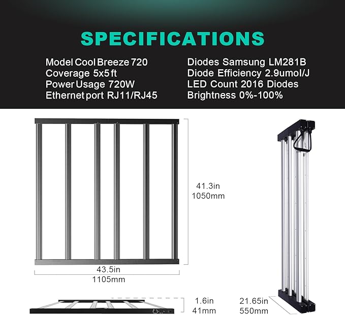 720W LED Grow Lights, Full Spectrum Grow Light, Daisy Chain Plant Bar Style Grow Light Foldable & Dimmable for Growing Commercial Hydroponic Growing Lamp 5x5ft Core Coverage (ZWD-DT-721)