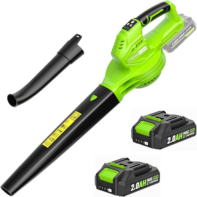 SEYVUM Cordless Leaf Blower, 20V Blower with 2 X 2.0 Ah Battery, Electric Blower for Lawn Care, 350 CFM 150 MPH Battery Powered Leaf Blower with Charger, for Patio, Garden Cleaning, Green